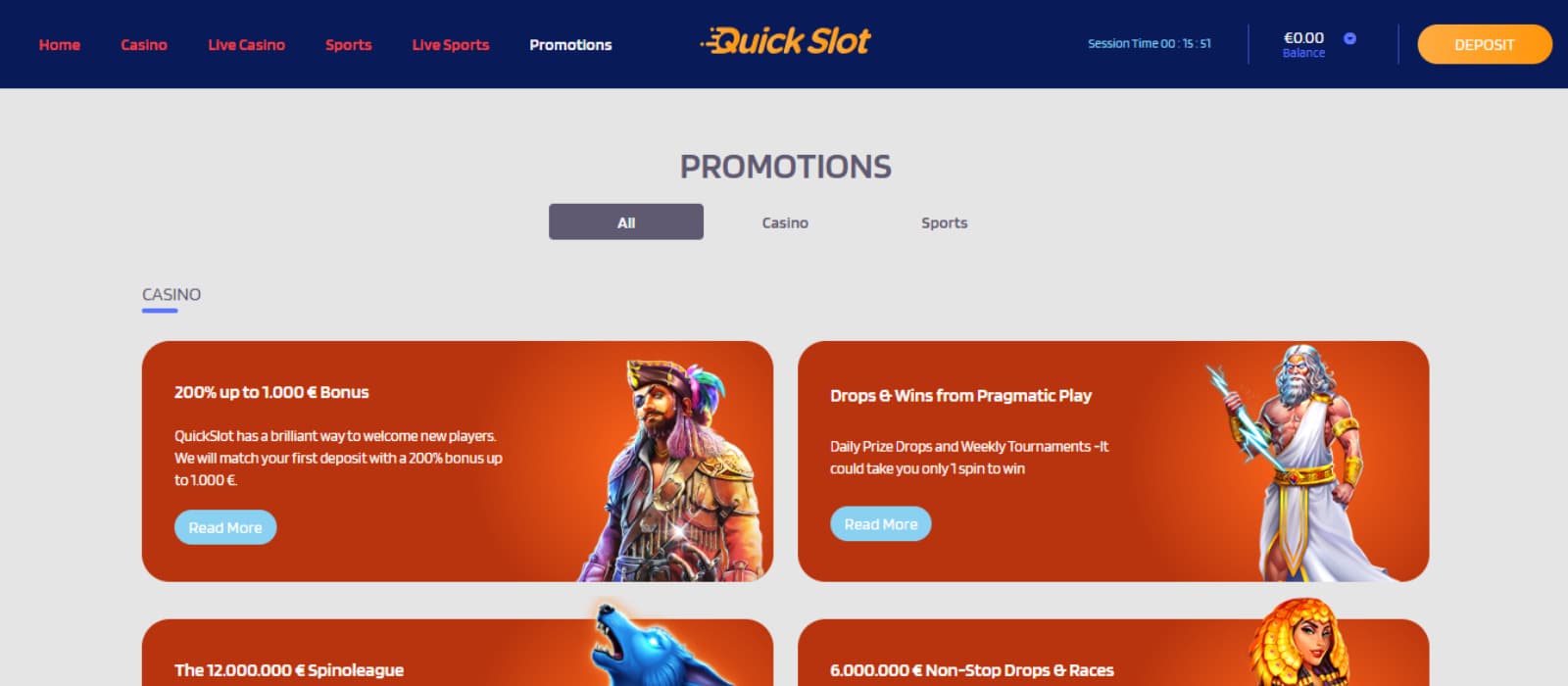 The QuickSlot Casino Promotion page shows a 200% welcome bonus, Drop and wins from Pragmatic Play, the €12 Spinoleague, and €6 Non-stop Drop and races.