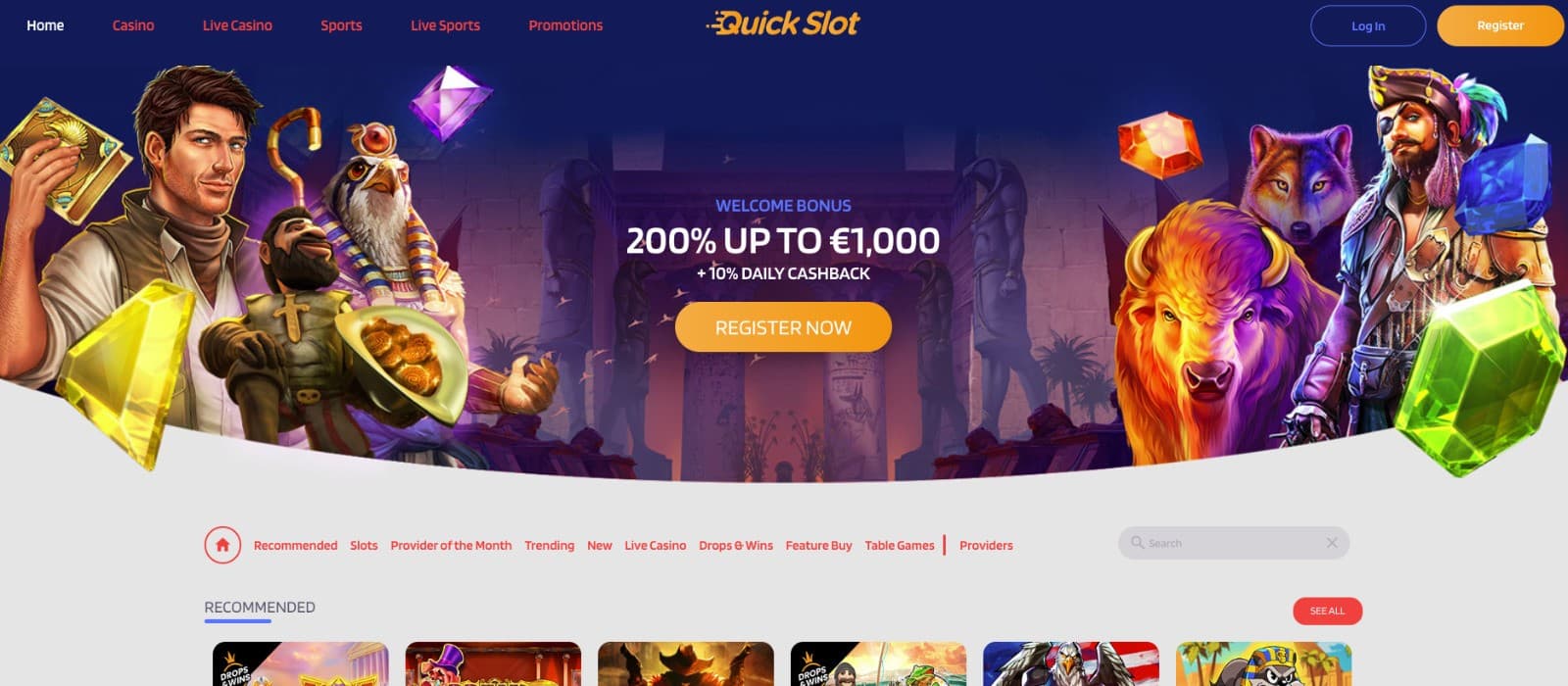 QuickSlot Casino homepage featuring the 200% welcome bonus banner and popular games like Gates of Olympus, Break the Piggy Bank, Big Bass Bonanza, and Duel at Dawn, with themed slot characters and colorful gems in the background.