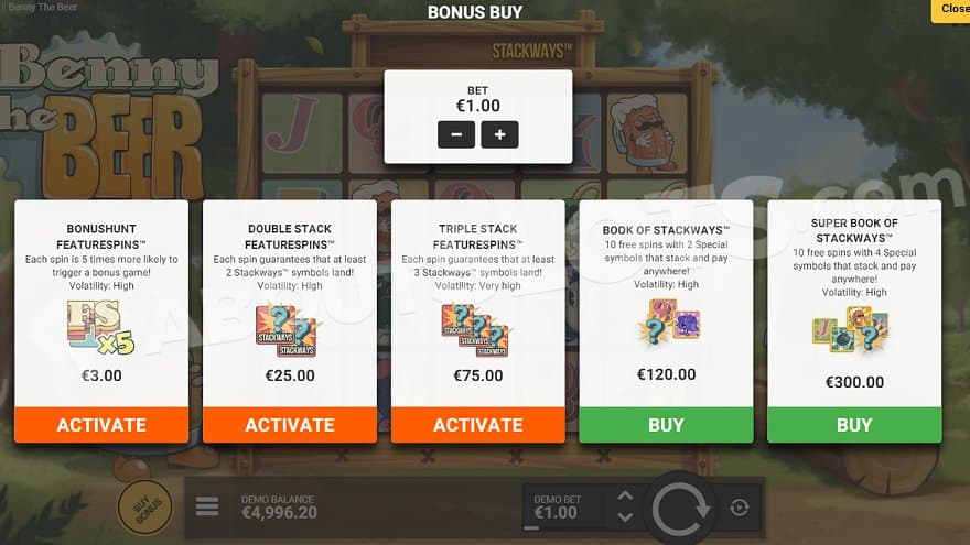 A menu offering the free spins and other features for between 3X to 300X the bet.