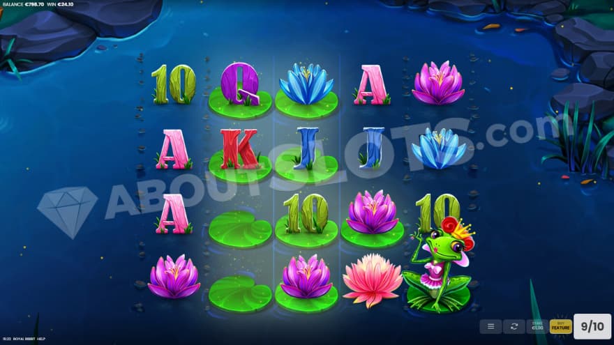 Free Spins bonus game with a frog queen on reel five.