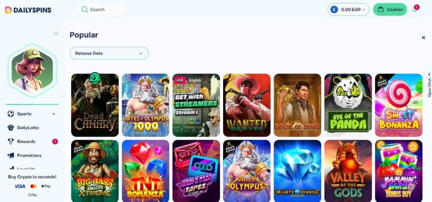 Slot games, such as Gates of Olympus, Eye of the Panda, Sweet Bonanza and others.