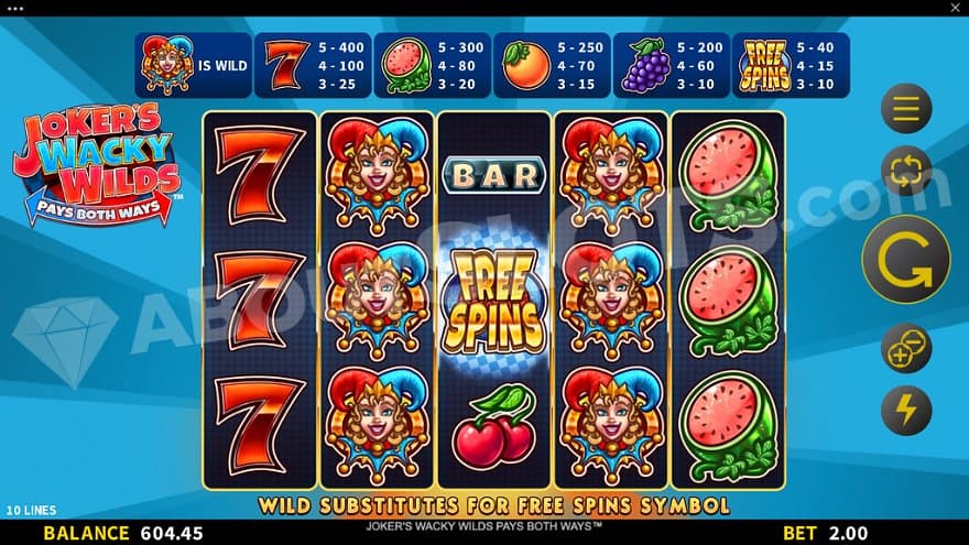 A casino slot with a blue background with joker and fruit symbols. 