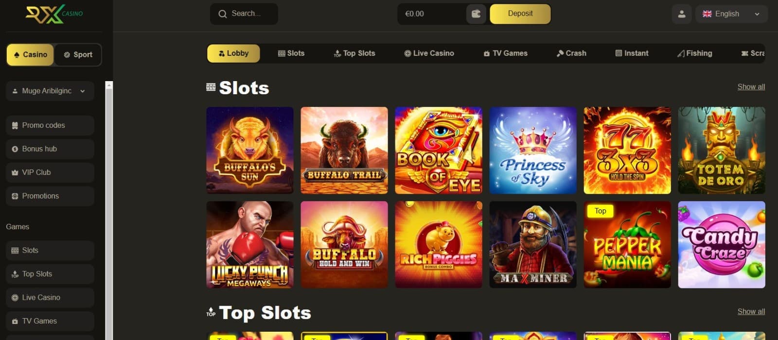 The games page of RX Casino showcases an array of slot games, such as Buffalo Trail, Candy Craze, and more.