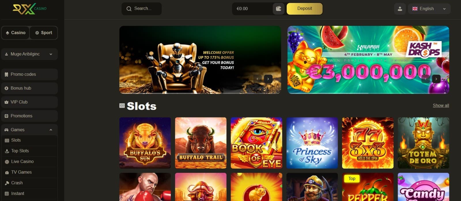 The landing page of RX Casino presents a rich selection of slot games, such as Buffalo's Sun, Book of Eye, and more.