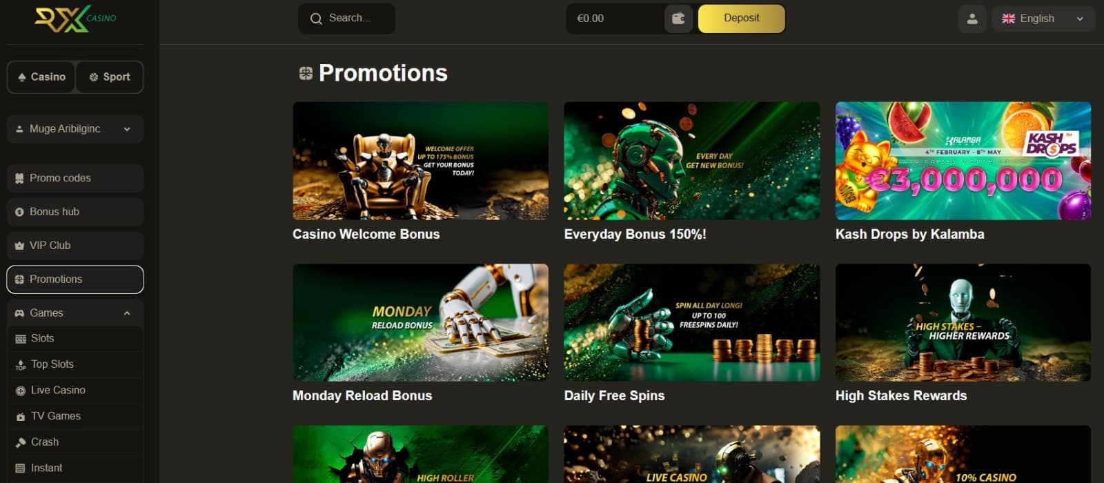 The promotions page of RX Casino displays a wide range of casino bonuses, such as the welcome bonus, Everyday Bonus, and more.