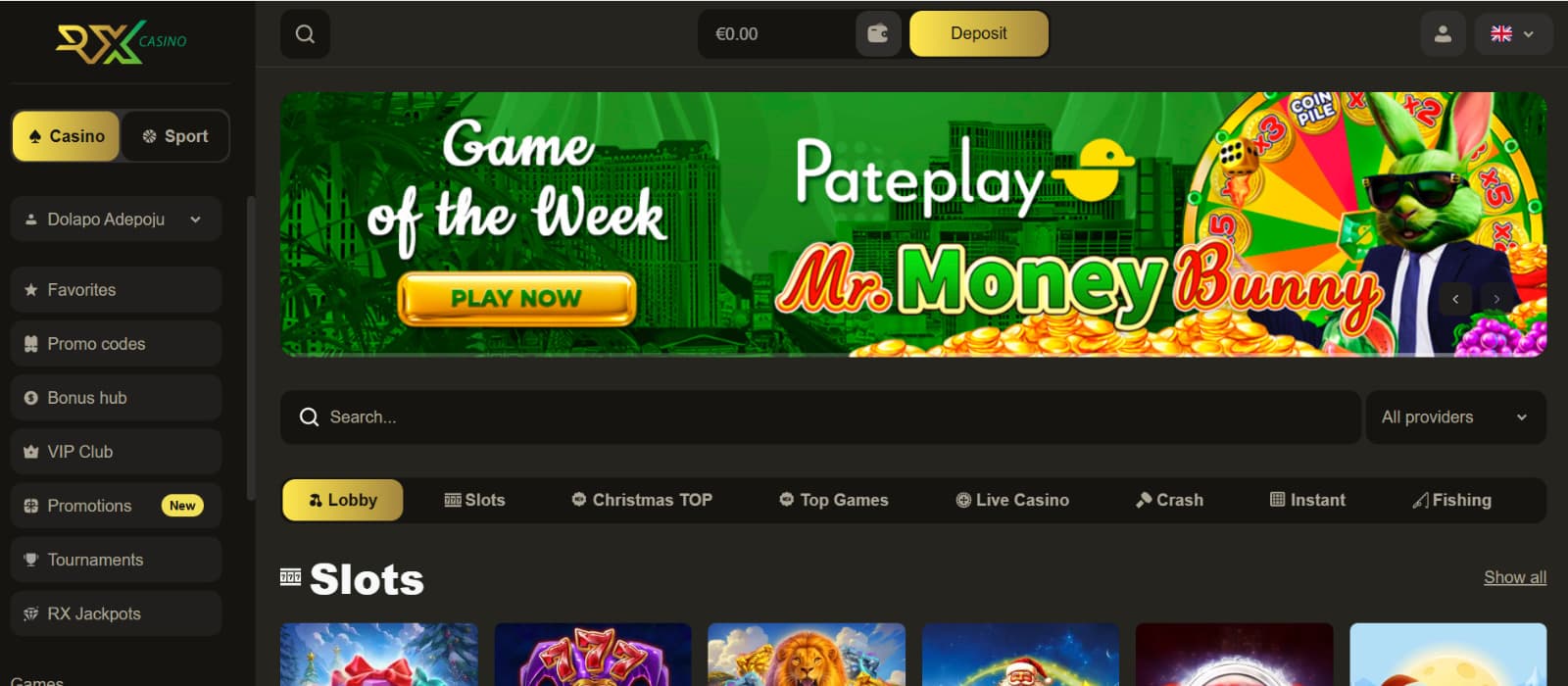 RX Casino games page displaying the slots lobby with featured slot titles, category tabs, provider filter, and search bar.