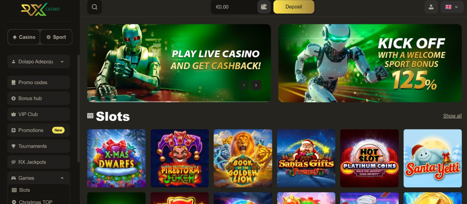 RX Casino landing page showing the homepage layout with featured live casino and sports bonus banners, deposit button, and main navigation menu.