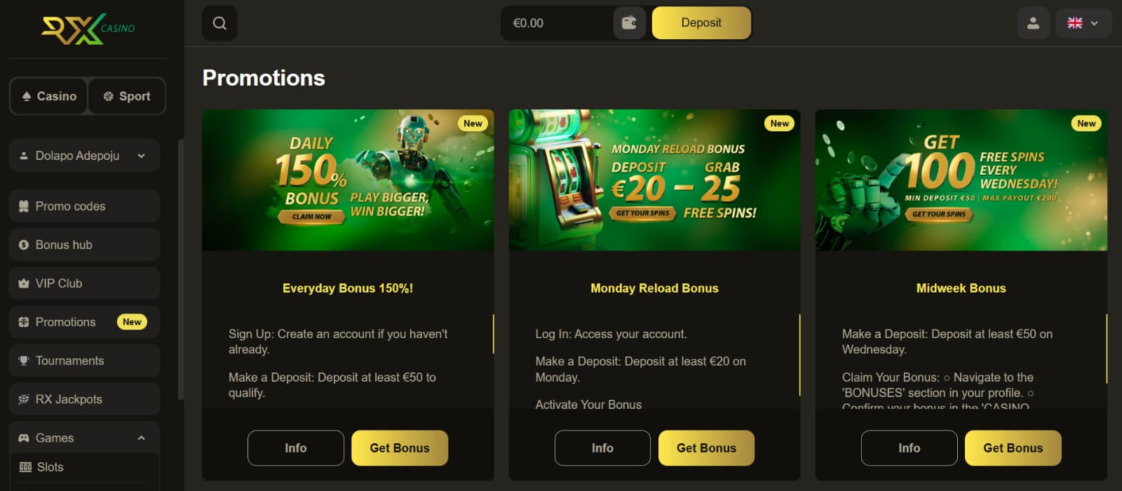 RX Casino promotions page highlighting active bonuses including the daily 150% bonus, Monday reload bonus, and midweek free spins offers.