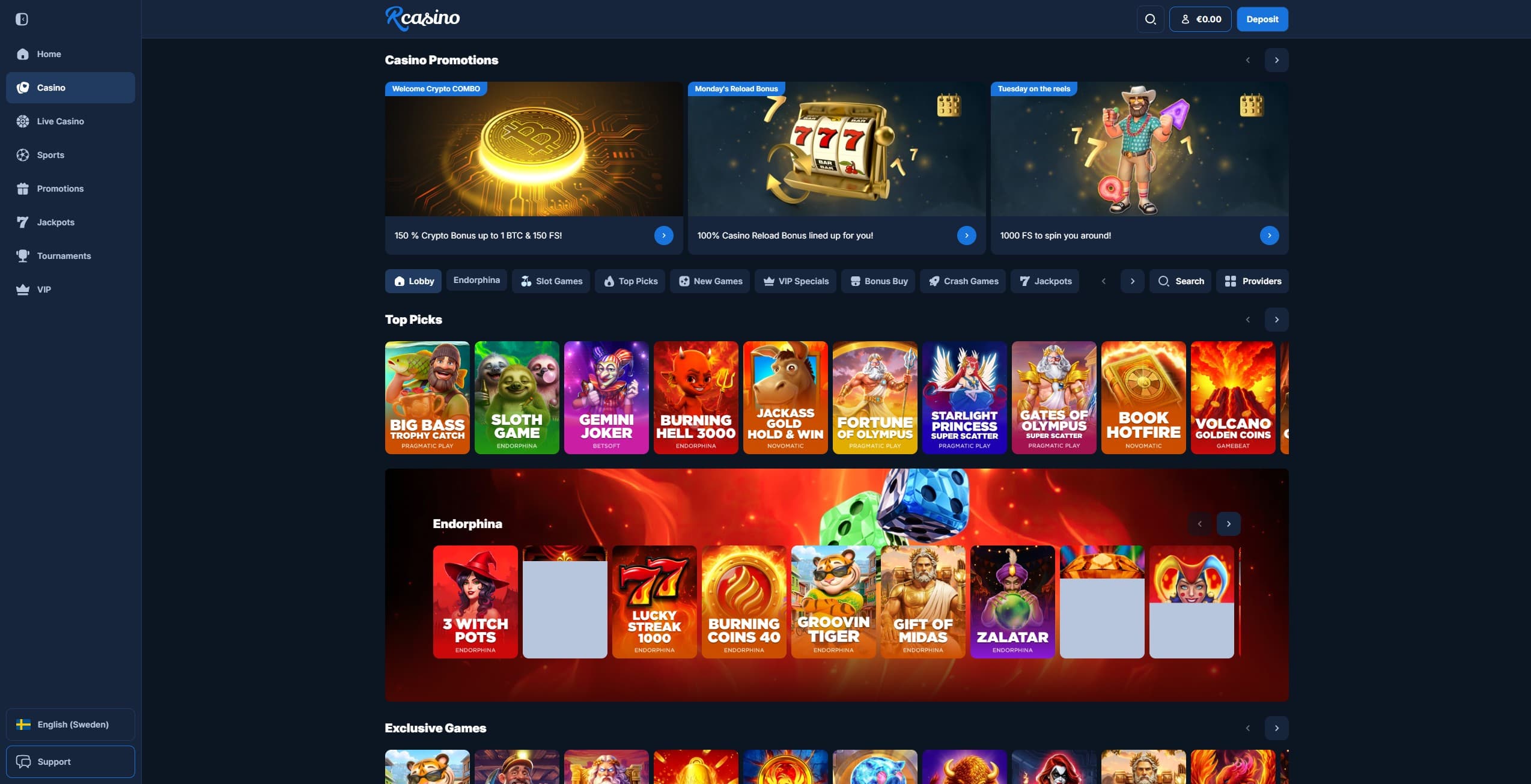 RCasino Games Page showing a selection of slot games and different game categories