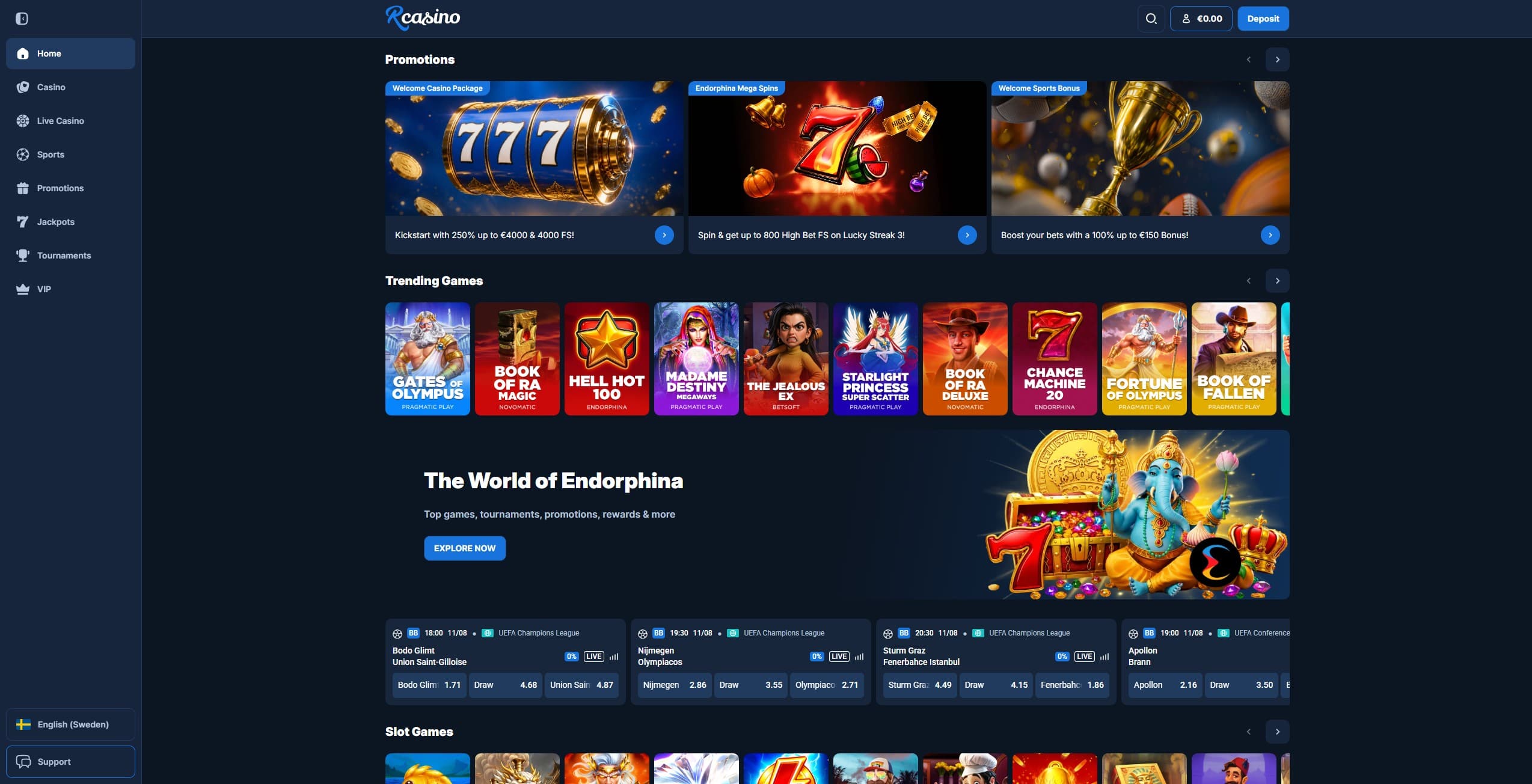 RCasino Landing Page showing a few selected games and promotions