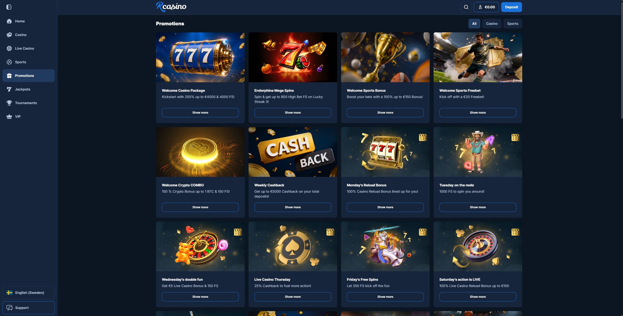 RCasino Promotions Page showing the available bonuses and promotions