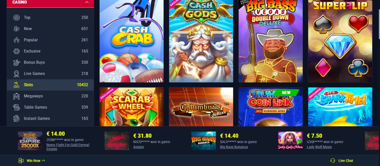 Rabona Casino games page with the colorful slot game icons and side navigational panel for game categories