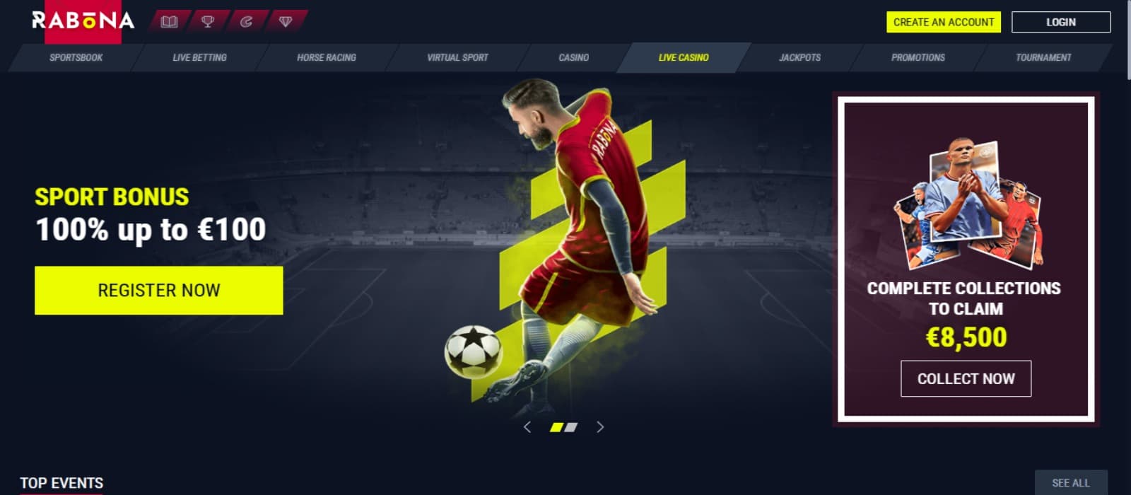 Rabona Casino landing page with the sports welcome bonus offer banner and top navigational menus