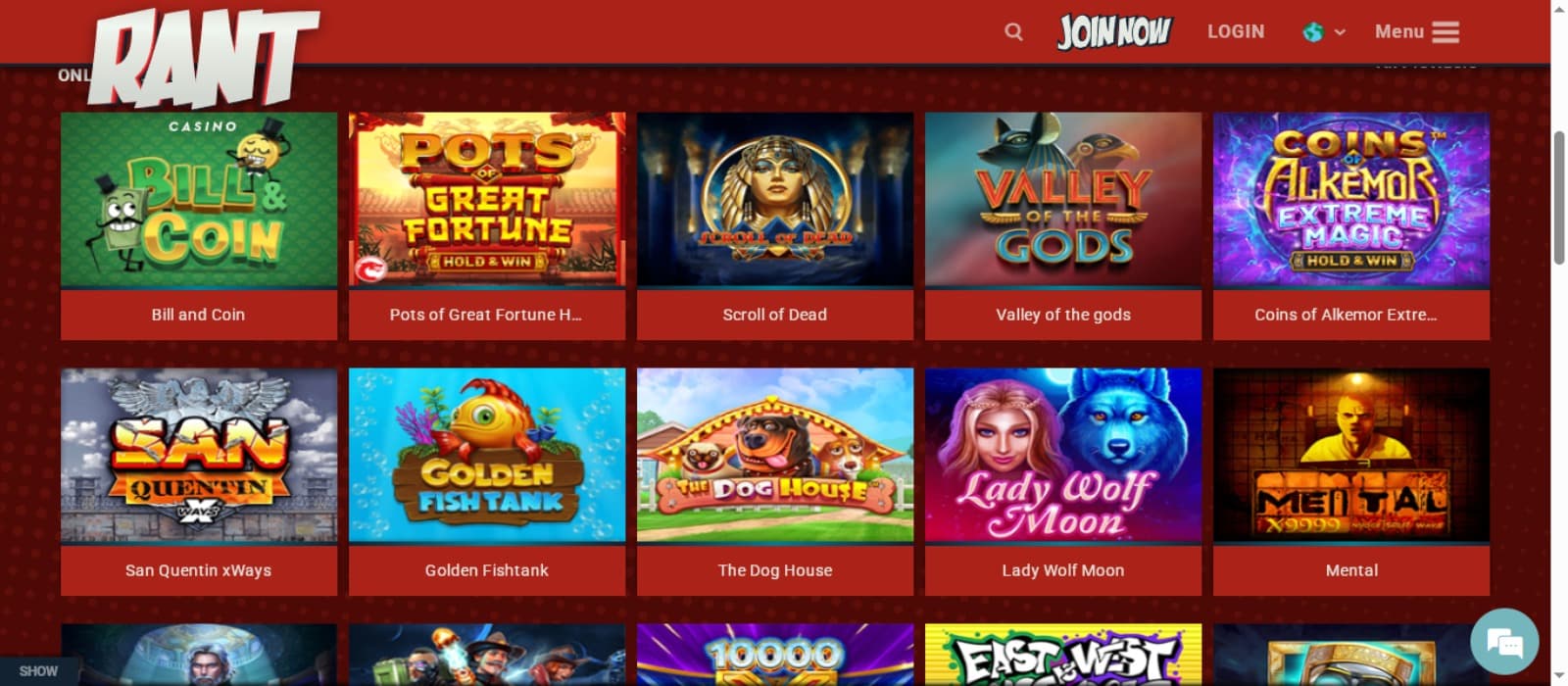 Rant Casino games page with the colorful slot game icons, names of the games and top registration menus