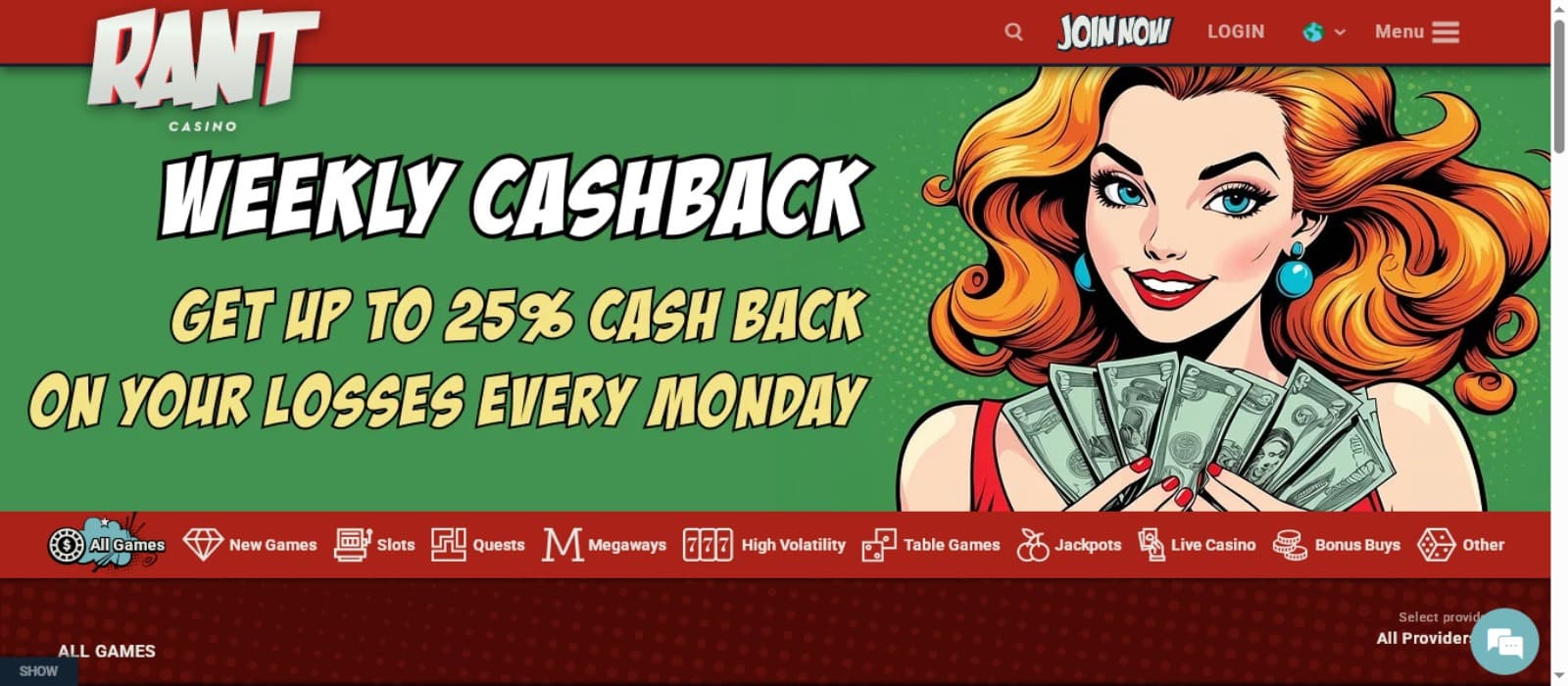 Rant Casino landing page with the weekly cashback bonus banner featuring a woman holding cash, top navigation menus and game categories below the banner