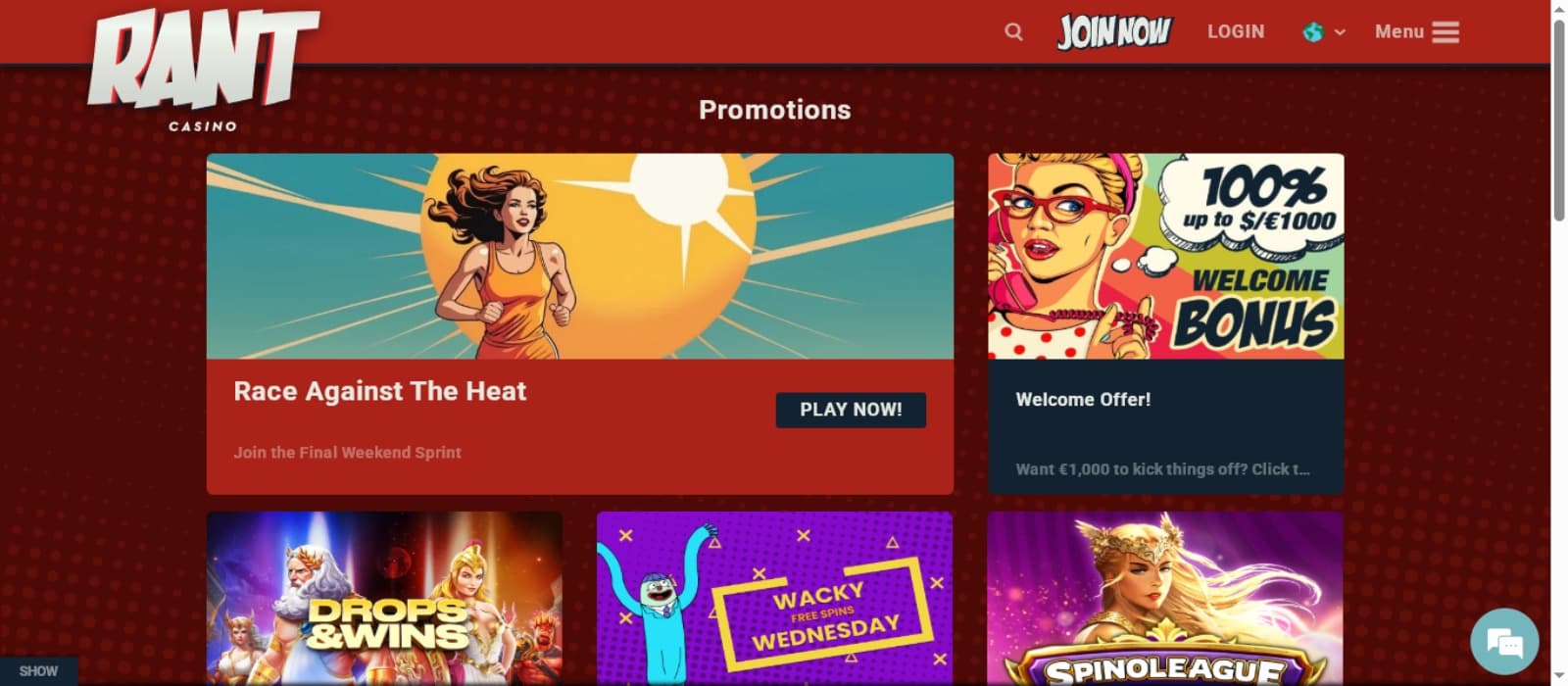 Rant Casino promotions page with the vrious bonus offer banners showing animated images of women, slot game characters and top navigation menus