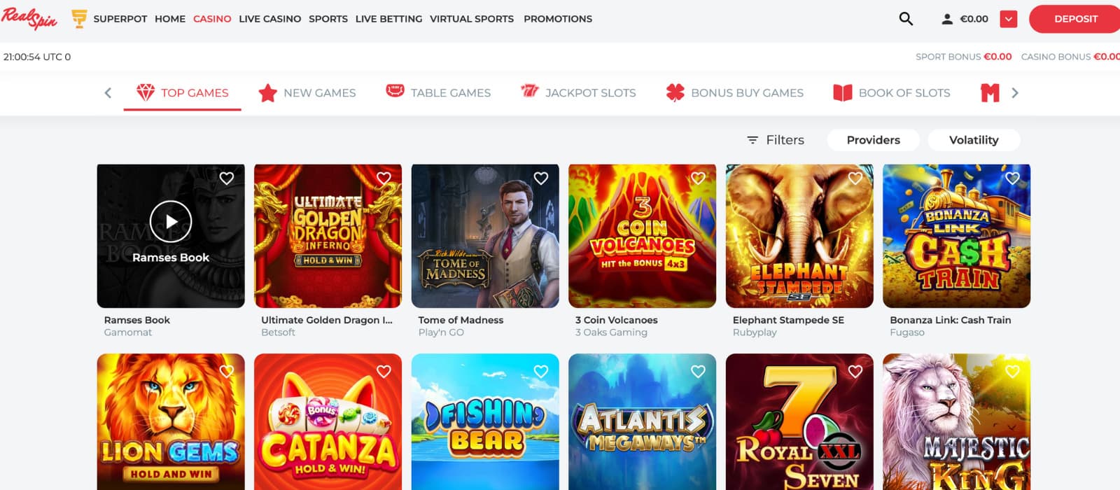 Game lobby at RealSpin Casino displaying featured slot titles like Ramses Book, Tome of Madness, and Atlantis Megaways, with visible filters for providers and volatility