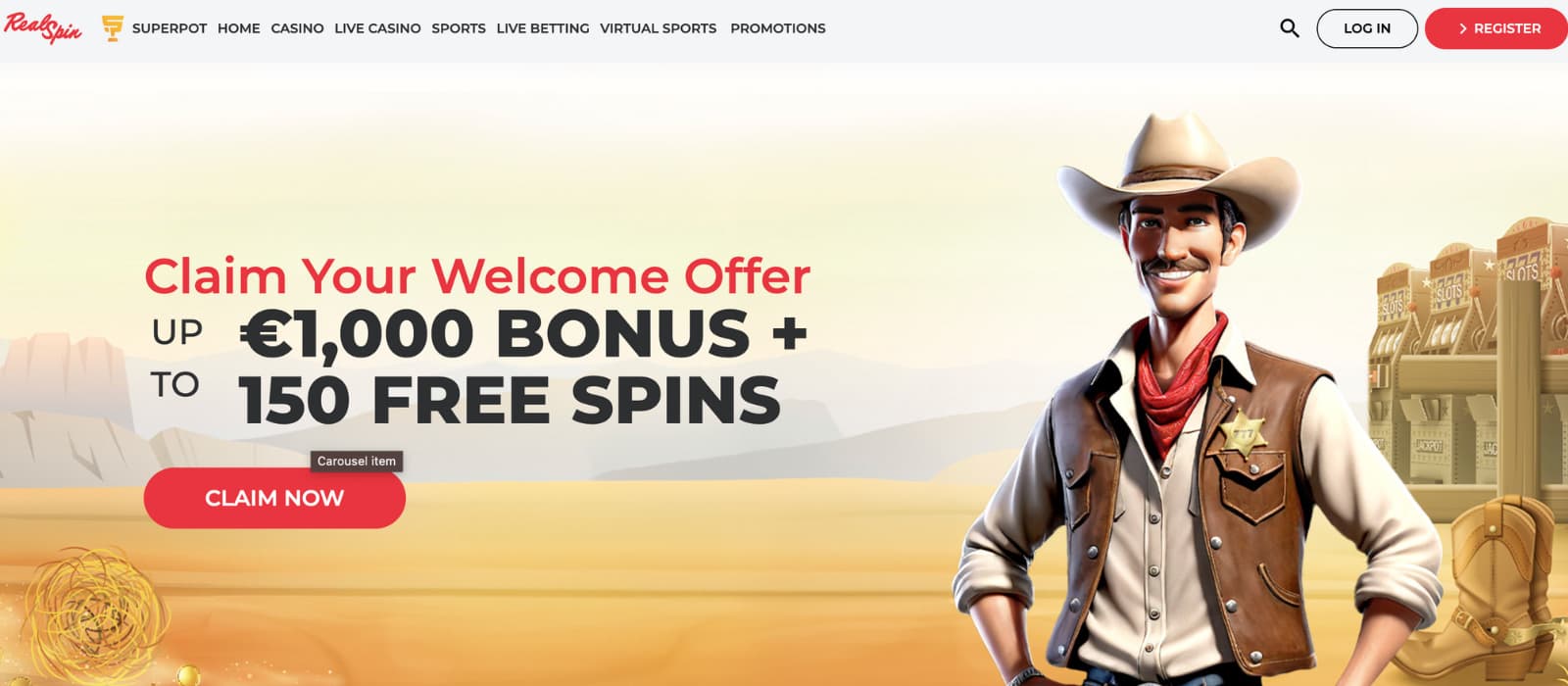 RealSpin Casino homepage with top menu links to Casino, Live Casino, Sports, Promotions, and a central banner highlighting the welcome bonus offer up to €1,000 and 150 free spins.