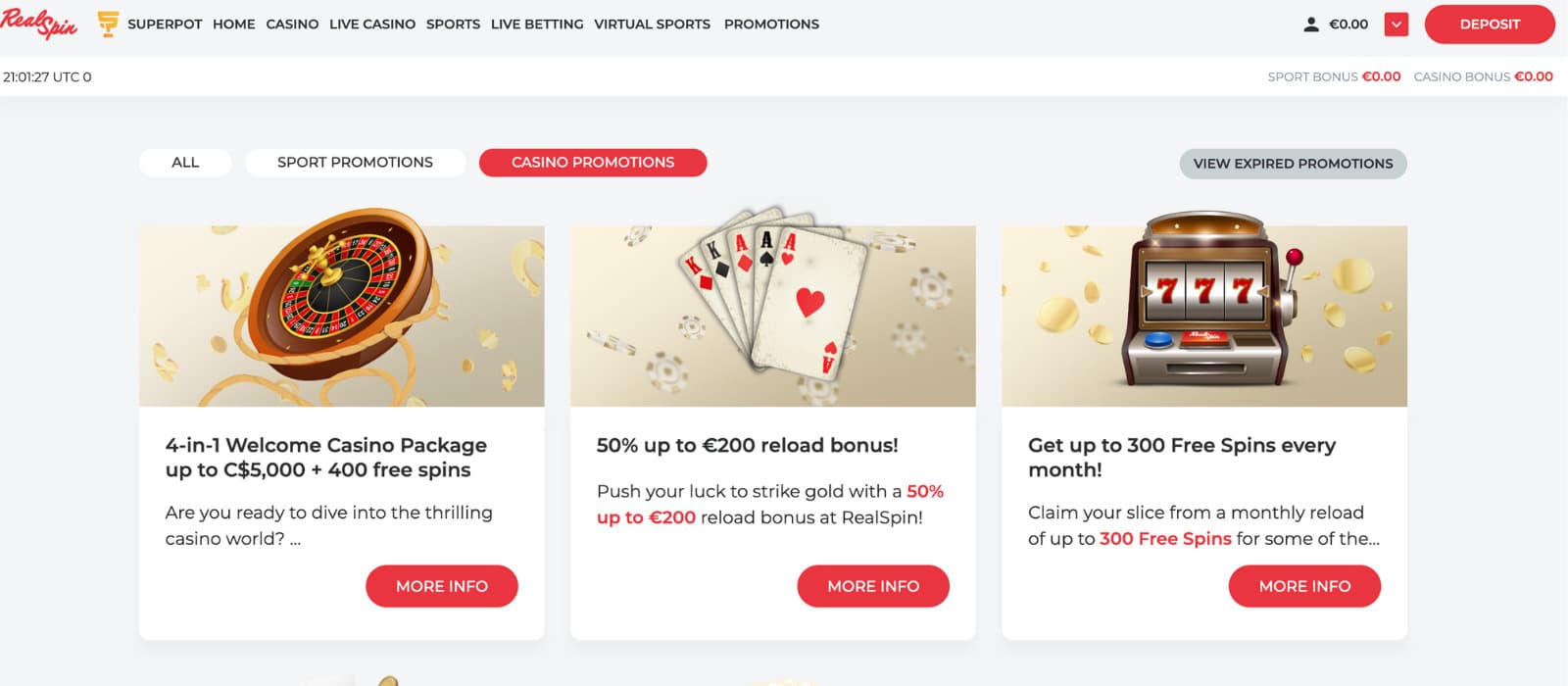 Promotions section showing RealSpin Casino’s 4-part welcome bonus breakdown with codes and percentage match, alongside reload and recurring free spins offers.