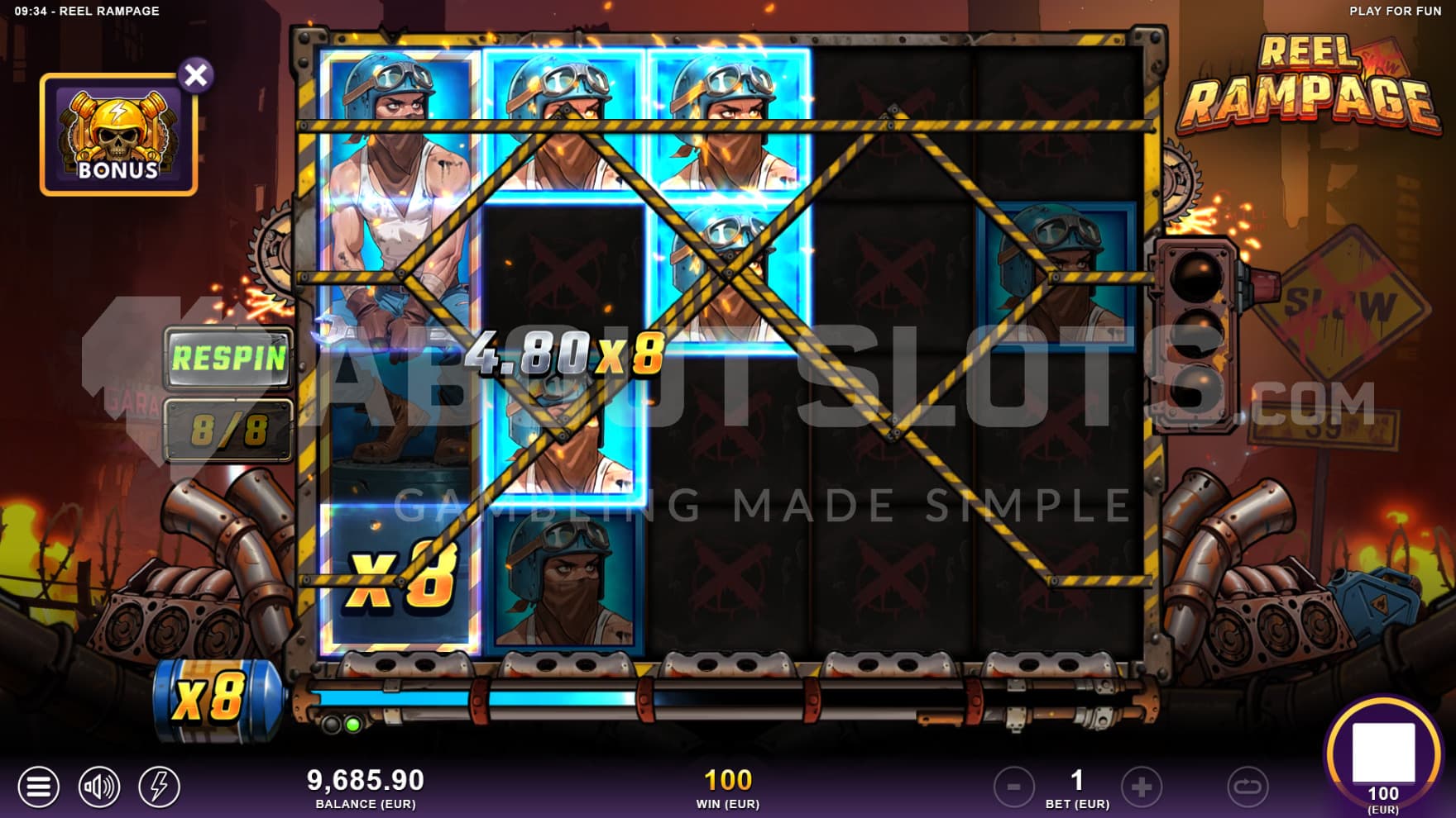 The Free Spins is activated and the Respin feature is triggered at the same time