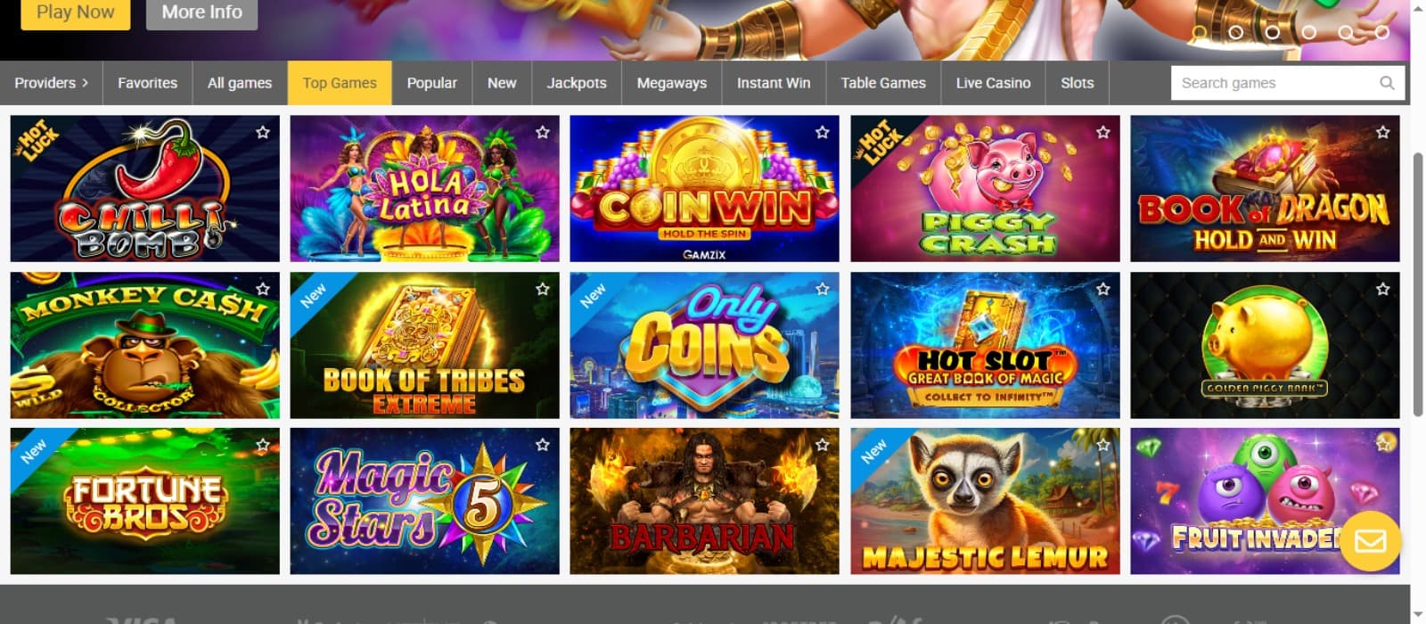 ReloadBet Casino games page with the colorful slot game icons, game filtering options at the top with registration menus