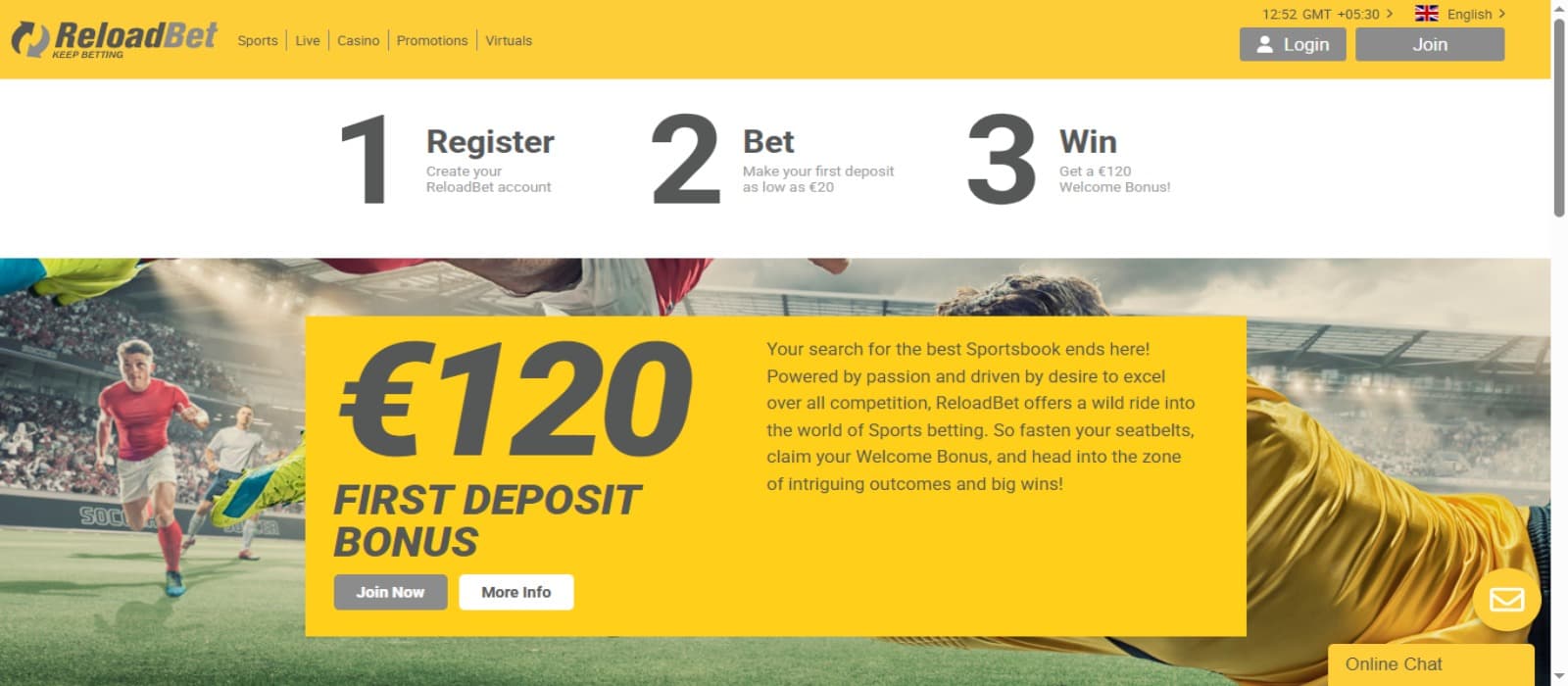 ReloadBet Casino landing page with the first deposit welcome bonus offer banner and top navigational menus