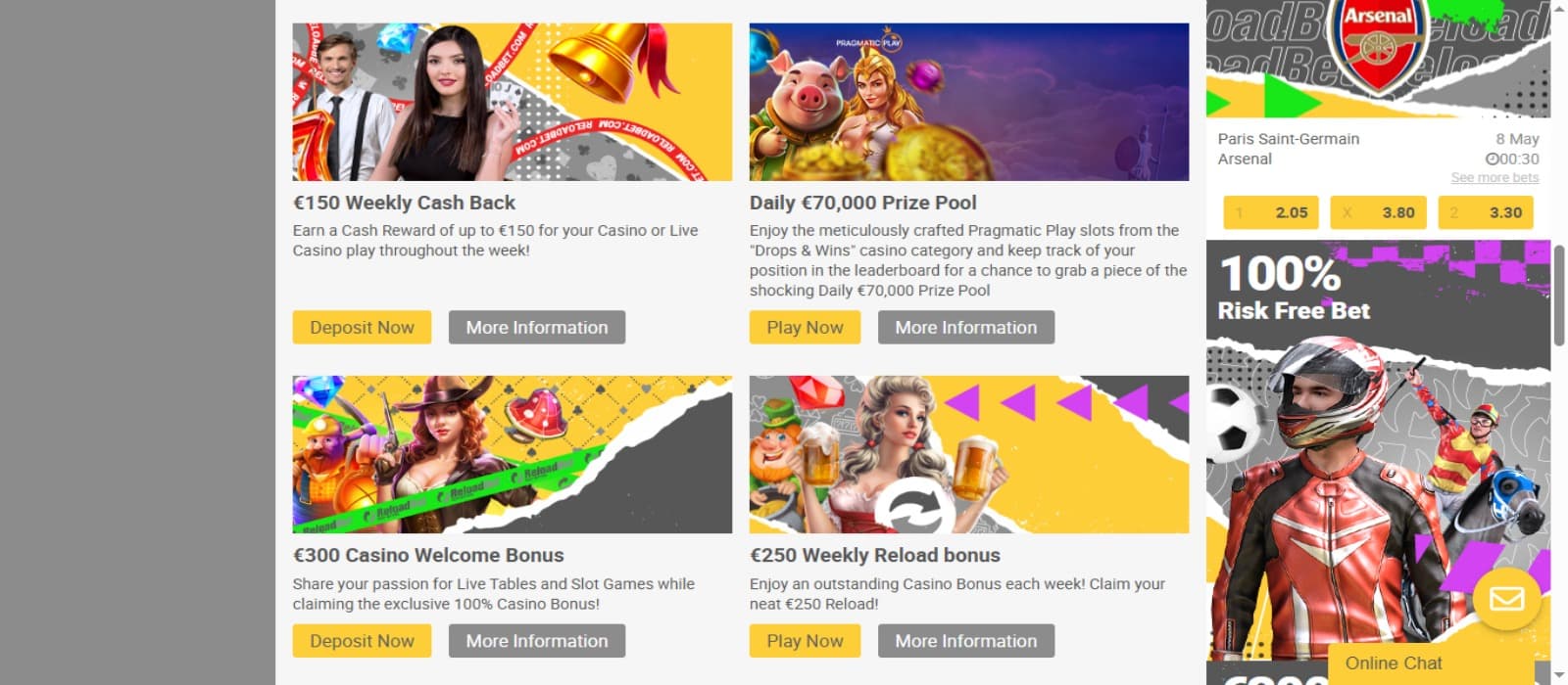 ReloadBet Casino promotions page with the various bonus offer banners including welcome bonus package and sports betting banner on the right side