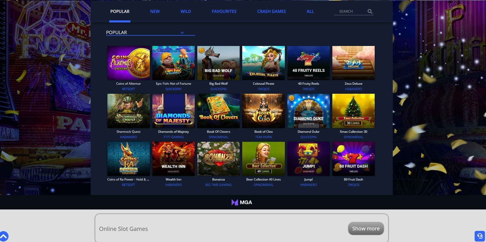 The games page of Rembrandt Casino presents a rich selection of slot games, such as Coins of Alkemor, Big Bad Wolf, and more.