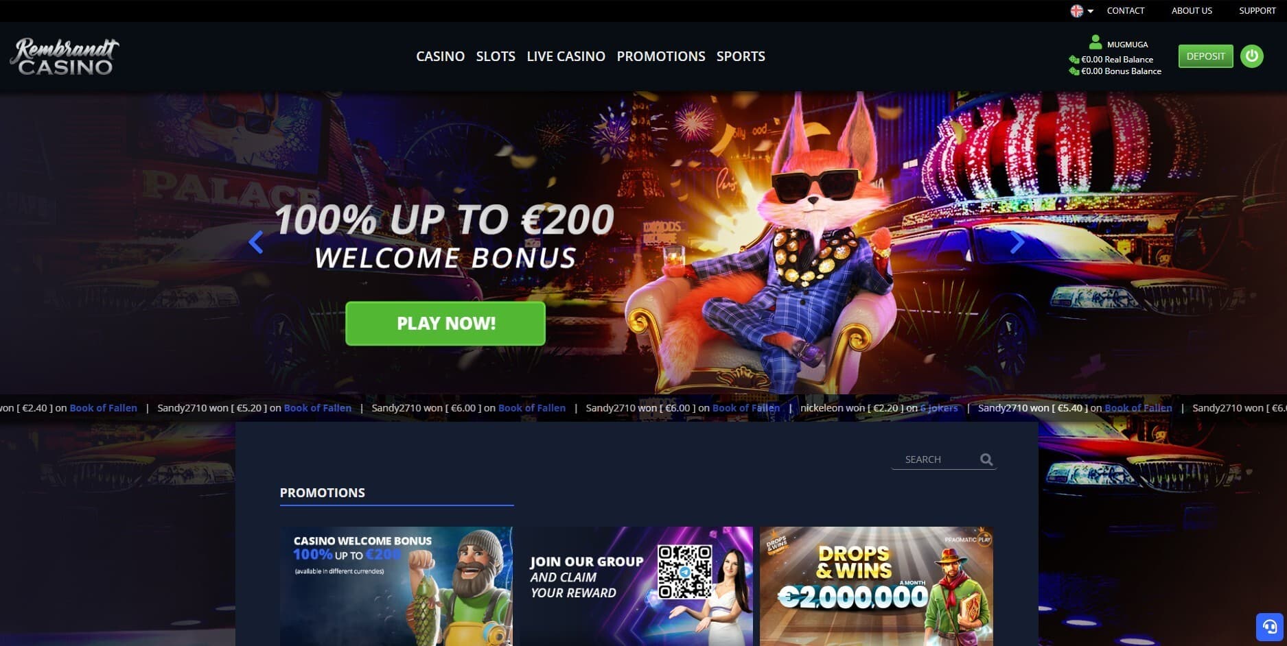  The landing page of Rembrandt Casino showcases the welcome bonus of up to 200 euros.