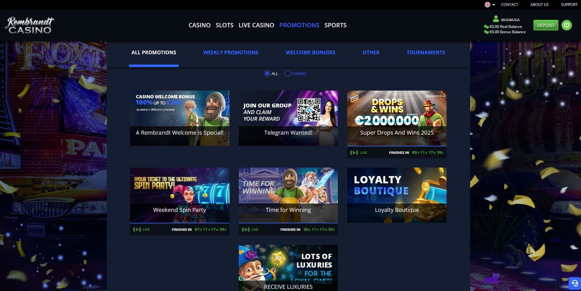 The promotions page of Rembrandt Casino displays a wide range of casino bonuses, such as the welcome bonus, drops and wins, and more.