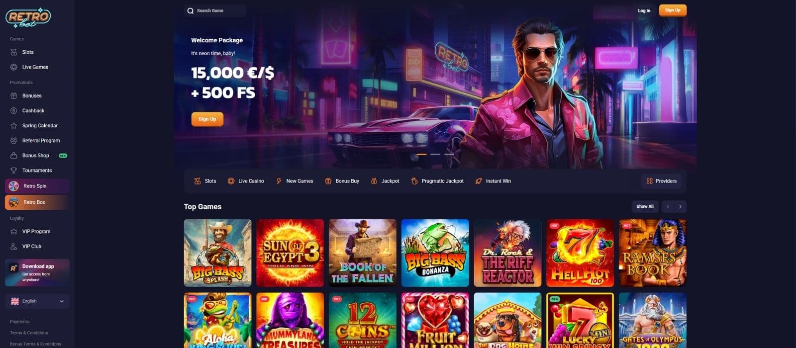 RetroBet Casino landing page showing slots, the main menu to the left and the welcome bonus offer.