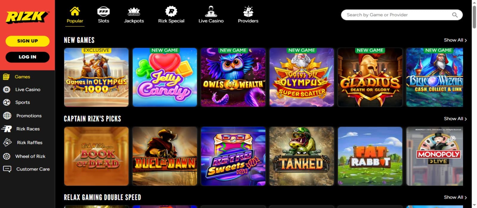 Rizk Casino games page with the colorful slot game icons and top and side navigational menus