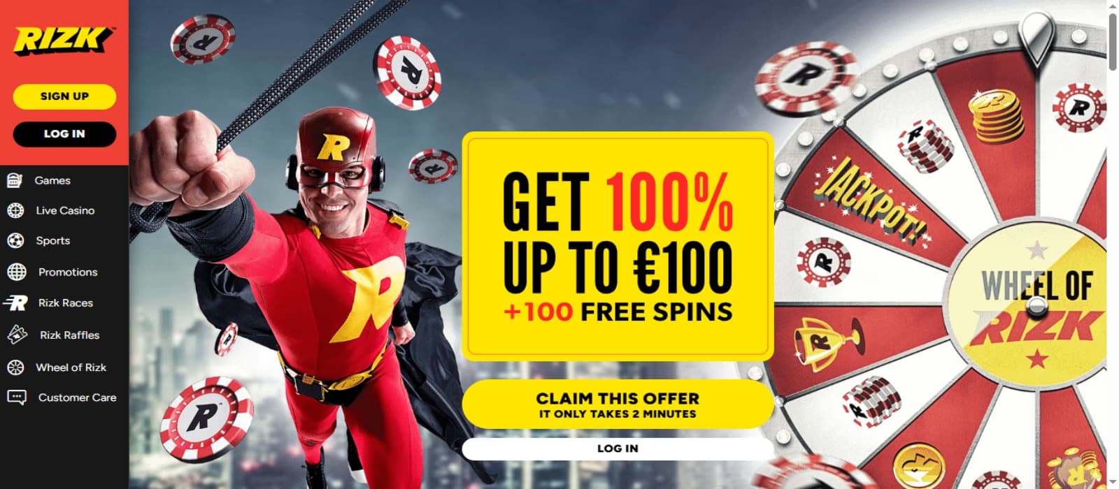 Rizk Casino landing page with the promotional banner containing Wheel of RIzk, welcome bonus and Captain Rizk flying and side navigational panel