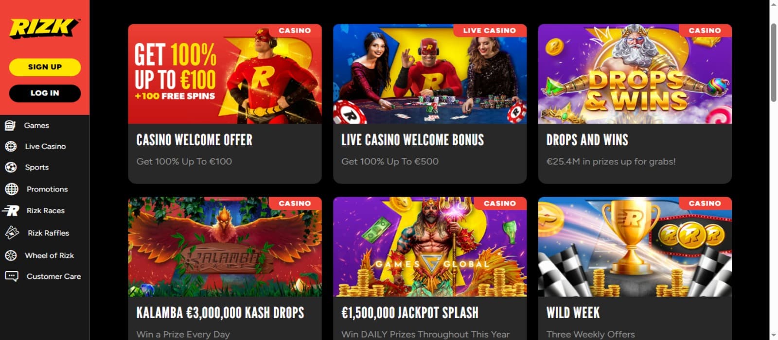 Rizk Casino promotions page with the various casino bonus offer banners and side navigational menus