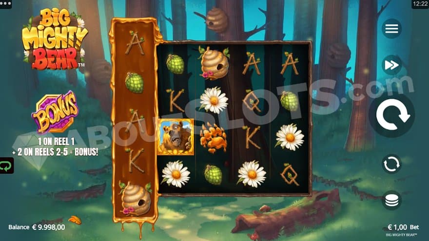 The game's five reels on a background showing a forest.