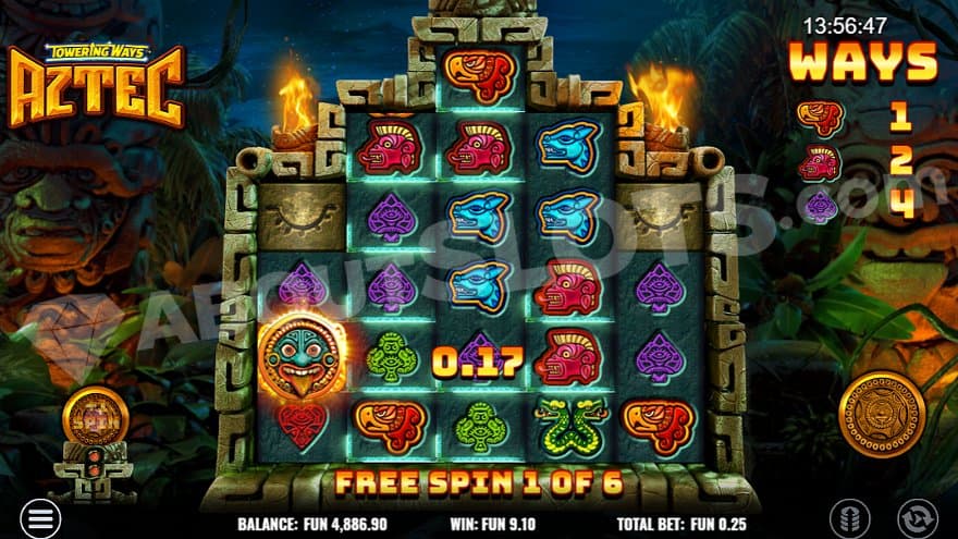 A win containing a wild symbol and two other symbol types on the first free spin of six.