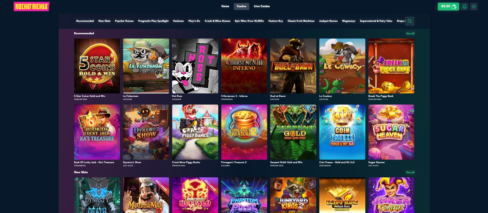 Rocket Riches Casino games lobby showing slot categories, provider filters, and a grid of popular slot titles.