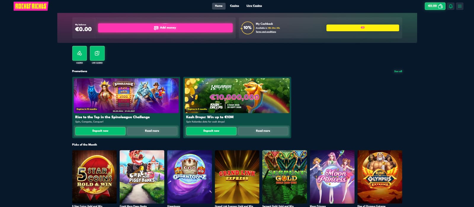 Rocket Riches Casino homepage showing wallet balance, cashback section, and featured promotions with slot games below.