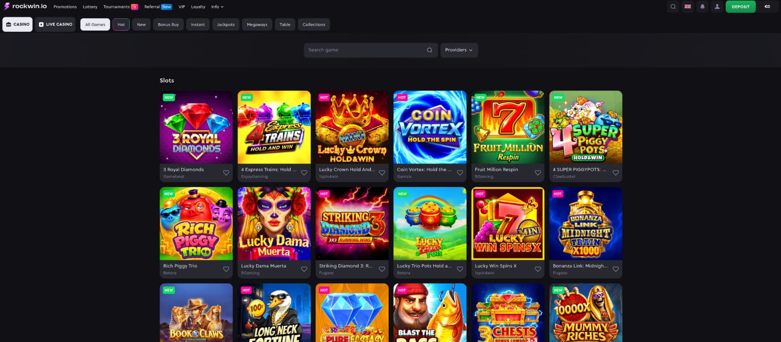 Rockwin Casino games page displaying featured slot titles, game categories, a search bar, and a provider filter.