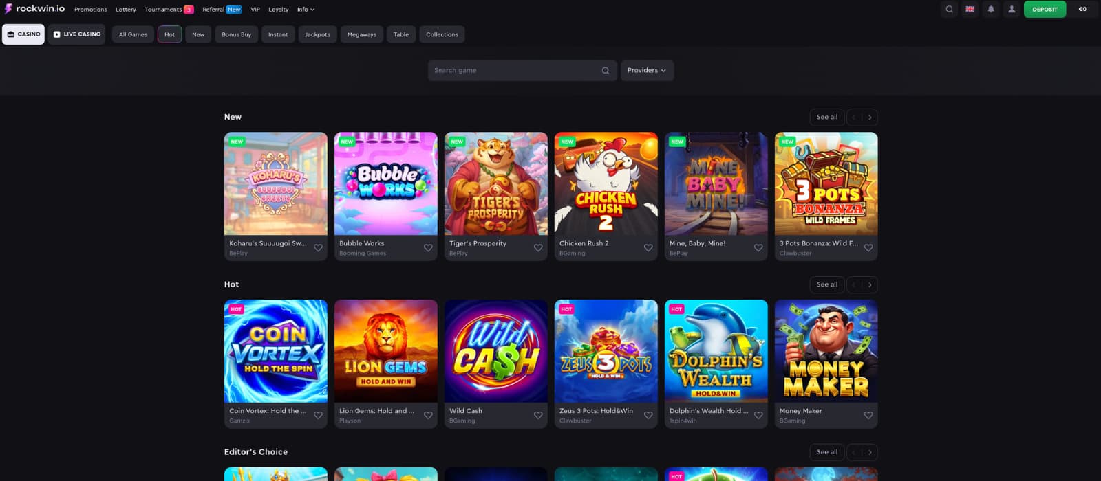 Rockwin Casino landing page displaying game categories, featured slot games, a search bar, and a provider filter.