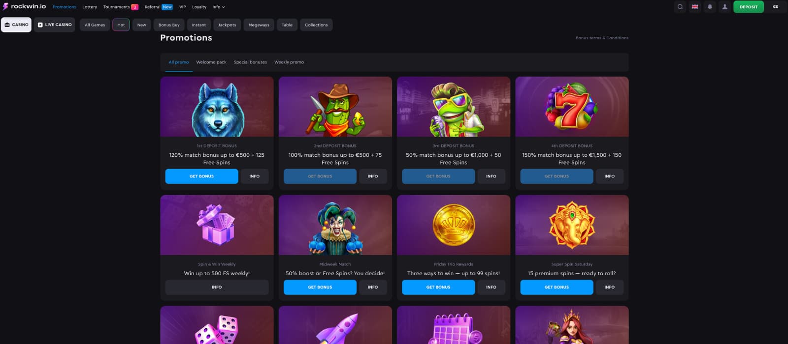 Rockwin Casino promotions page showing the welcome package and ongoing weekly bonus offers.