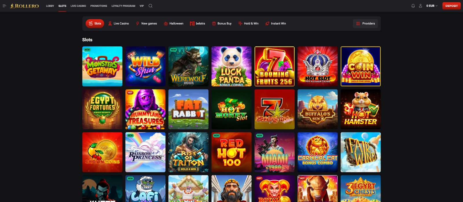 Rollero Casino games page displaying a grid of colorful slot games such as Big Bass Bonanza, Sweet Bonanza, Book of Dead, and Gates of Olympus