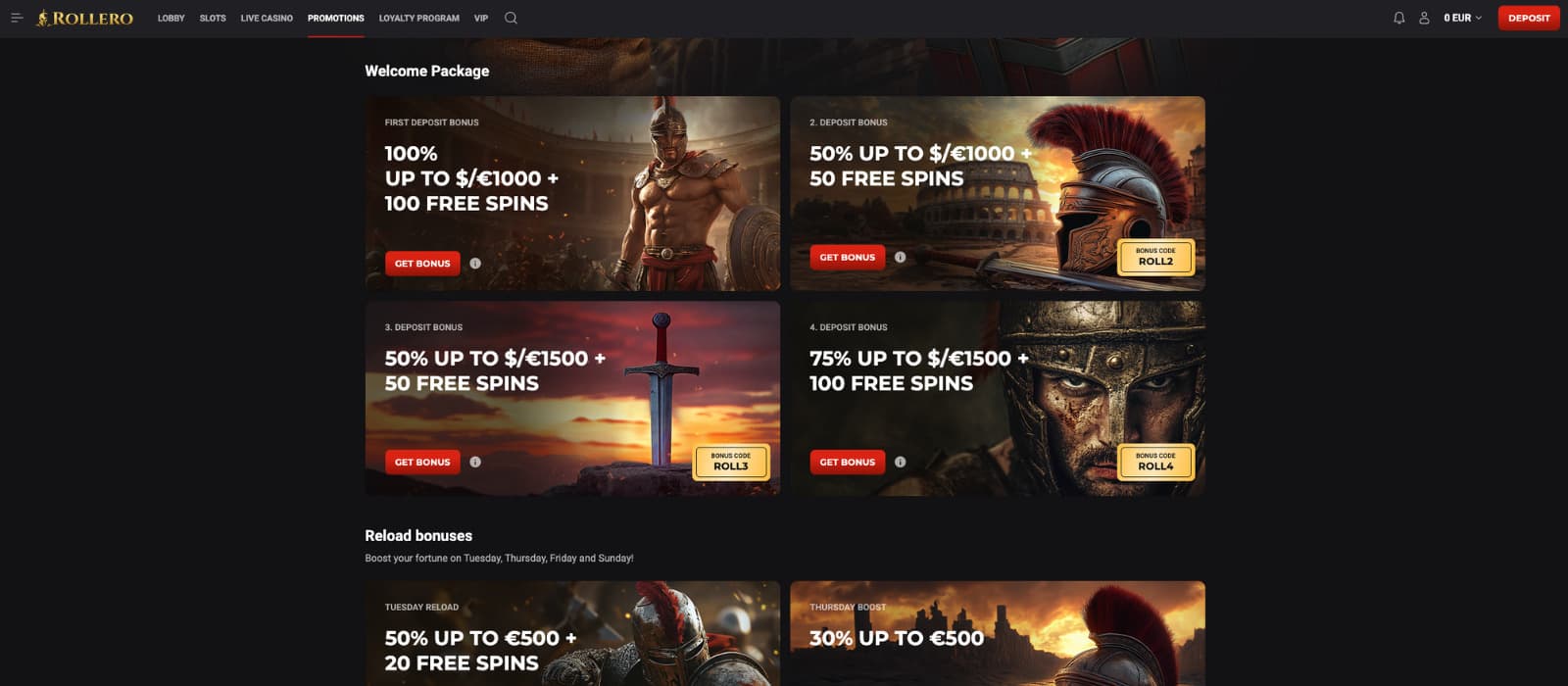 Rollero Casino promotions page showcasing multiple welcome and reload bonus offers, including up to €1100 and 170 free spins.