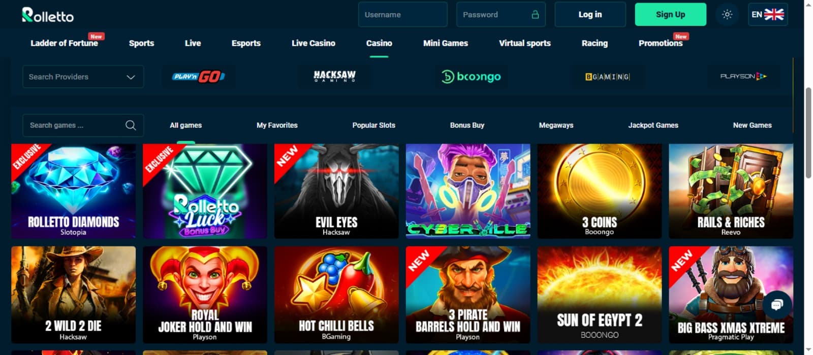 Rolletto Casino games page with the colorful slot game icons, game category filters above and top navigational panel