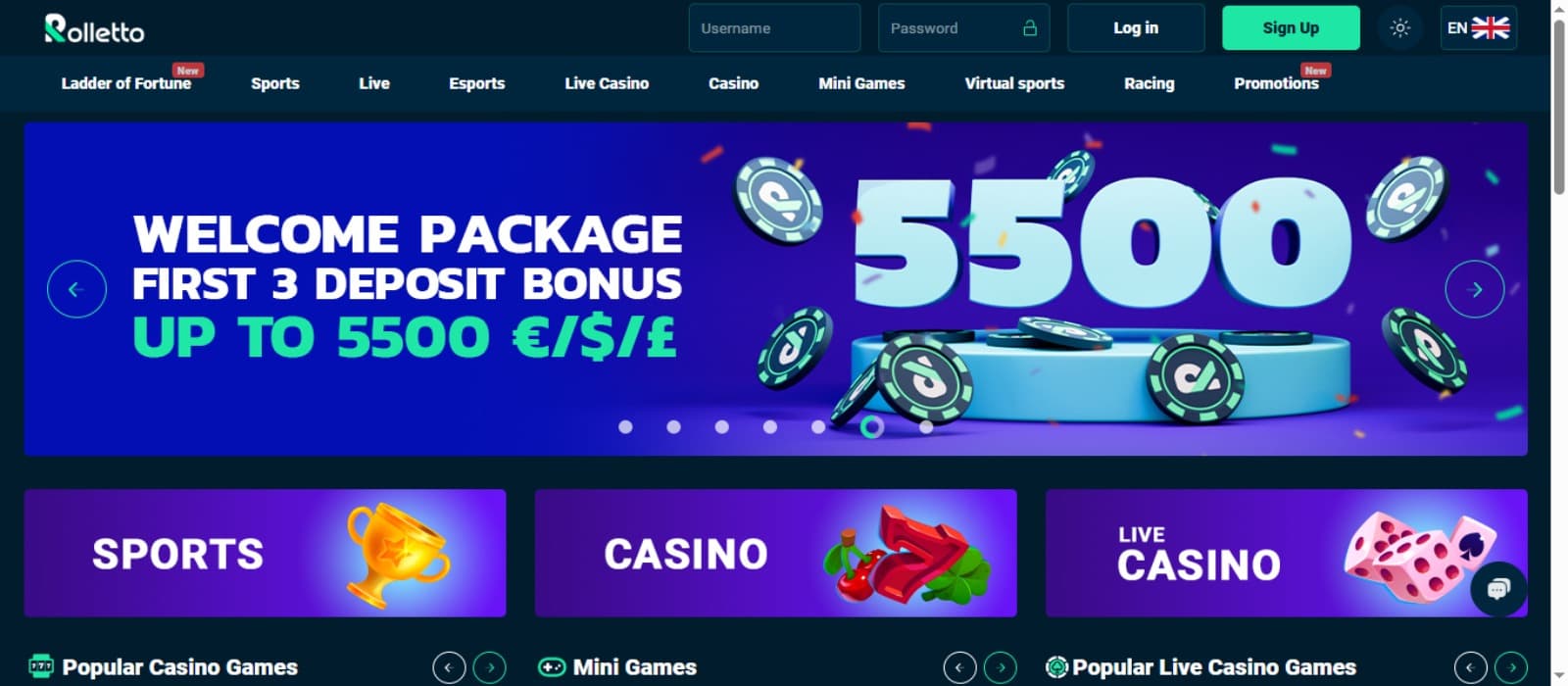 Rolletto Casino Landing page with the welcome bonus offer banner, top navigation menus and casino sections below