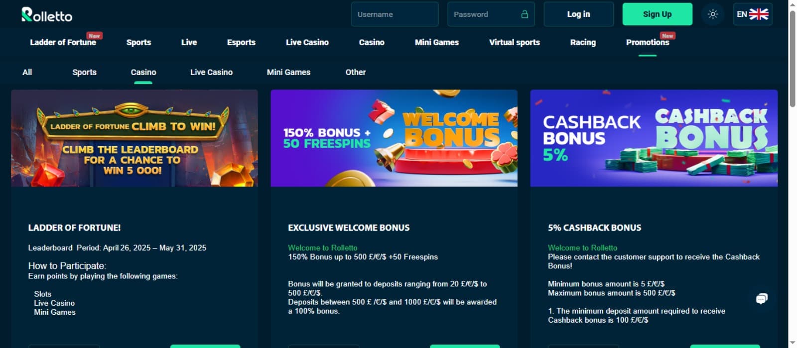 Rolletto Casino promotions page with the bonus offer banners and top navigational panel