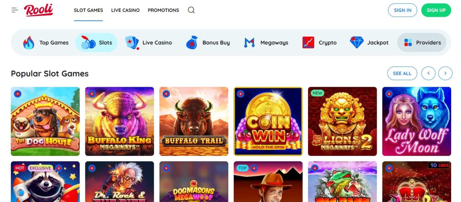 Rooli Casino's slot games category, showing exciting titles like Buffalo Trail and other impressive games.