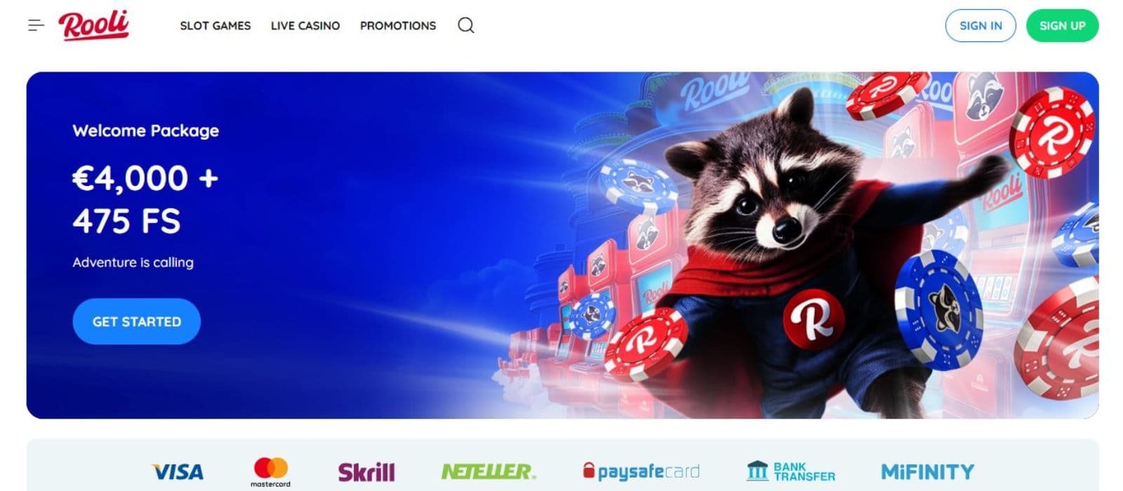 Rooli Casino's homepage, showing the welcome bonus flanked by a game avatar, and collapsed menu
