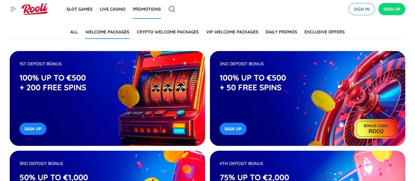 Rooli Casino's promotions page, showing the 4-part welcome bonus worth up to €4,000 plus 475 free spins.