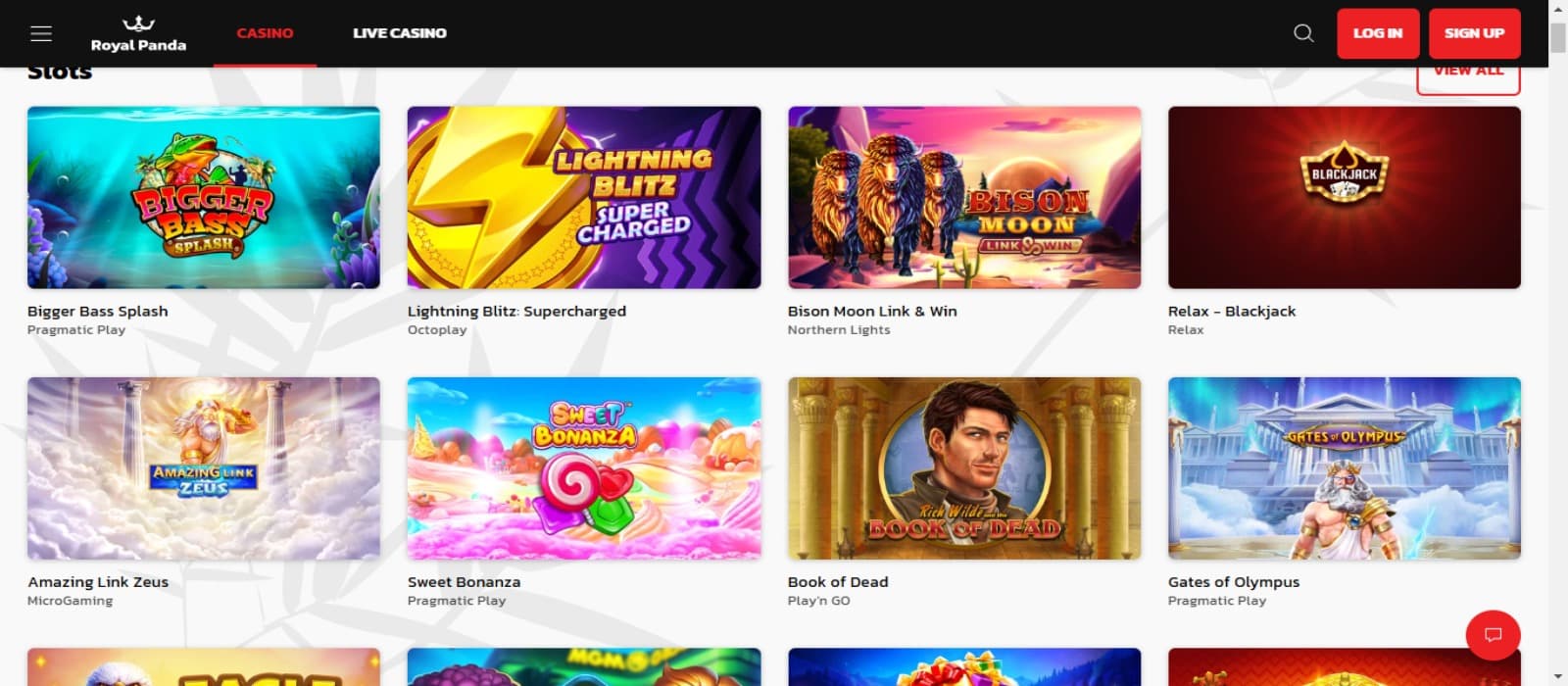 RoyalPanda Casino games page with the slot game icons and top navigational menus